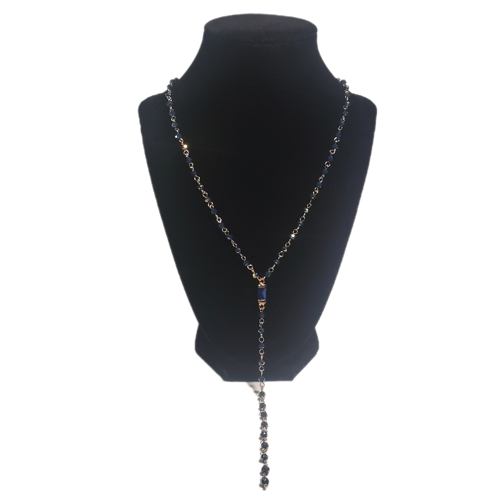 Natural Lapis Lazuli Semi-precious Stone Gold Wire Wrapped Beaded Chain Lariat